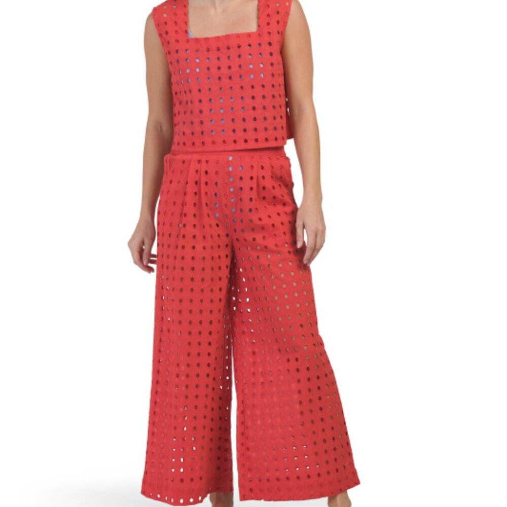 NEW TRUE DESTINATION Cotton Eyelet Cover-Up Pants red for women 267tn - Picture 6 of 8